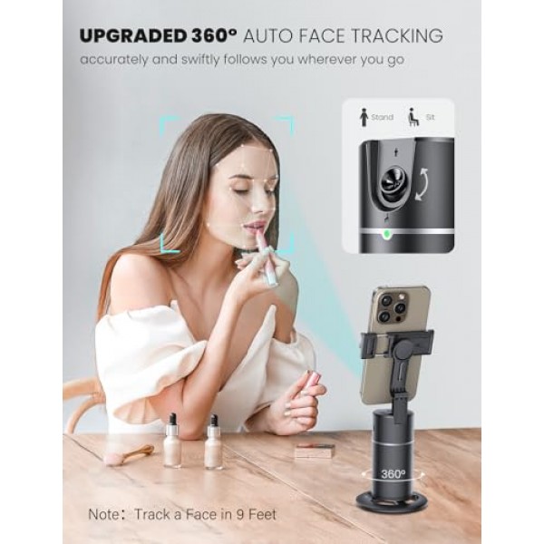 자동 얼굴 추적 삼각대 360 회전【최신 버전】 앱 필요 없음 휴대폰 회전용 자동 얼굴 추적 삼각대 4''-7'' iPhone과 호환 가능 Vlog 라이브 스트리밍용 Android 휴대폰 홀더