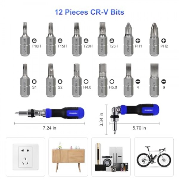 SHARDEN 래칫 스크루드라이버 13-in-1 멀티 스크루드라이버 도구 올인원 래칫팅 스크루드라이버 세트(필립스, 일자형, Torx, 육각형, 정사각형, 180도 피벗 조정 가능한 각도