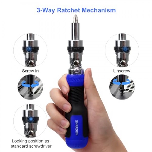 SHARDEN 래칫 스크루드라이버 13-in-1 멀티 스크루드라이버 도구 올인원 래칫팅 스크루드라이버 세트(필립스, 일자형, Torx, 육각형, 정사각형, 180도 피벗 조정 가능한 각도