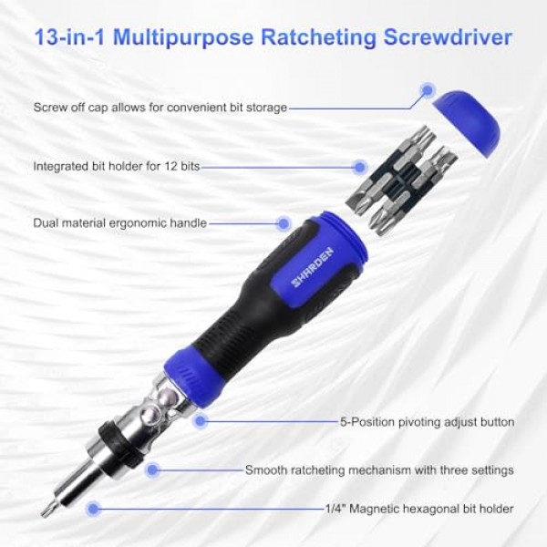 SHARDEN 래칫 스크루드라이버 13-in-1 멀티 스크루드라이버 도구 올인원 래칫팅 스크루드라이버 세트(필립스, 일자형, Torx, 육각형, 정사각형, 180도 피벗 조정 가능한 각도