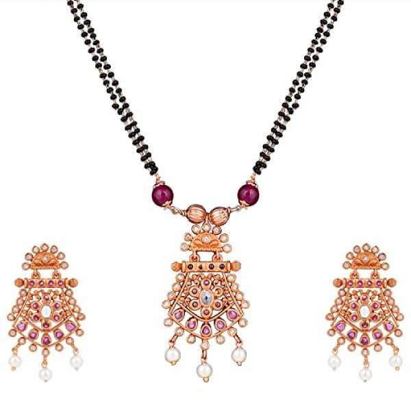 Aheli 우아한 인공 Kundan Chandbali 스타일 펜던트 인도 Mangalsutra 긴 검은 비즈 목걸이 여성을위한 전통 결혼식 의상 보석 구리 귀걸이