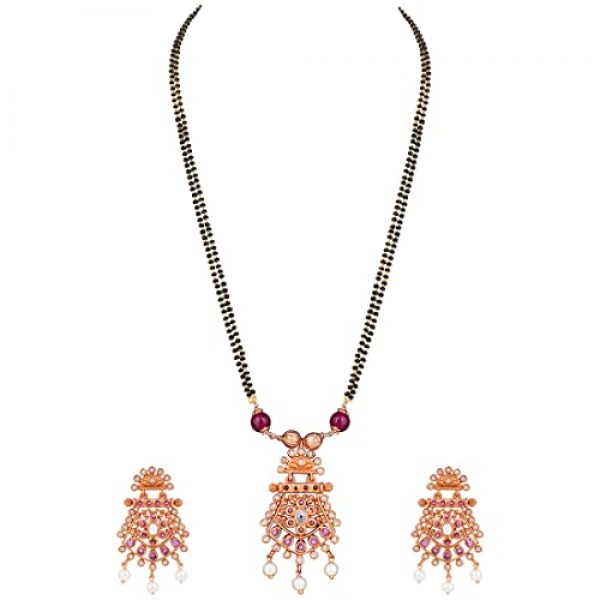 Aheli 우아한 인공 Kundan Chandbali 스타일 펜던트 인도 Mangalsutra 긴 검은 비즈 목걸이 여성을위한 전통 결혼식 의상 보석 구리 귀걸이