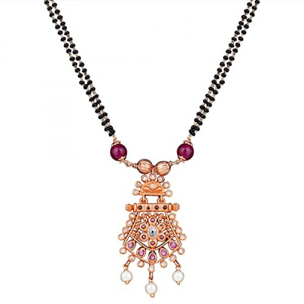 Aheli 우아한 인공 Kundan Chandbali 스타일 펜던트 인도 Mangalsutra 긴 검은 비즈 목걸이 여성을위한 전통 결혼식 의상 보석 구리 귀걸이