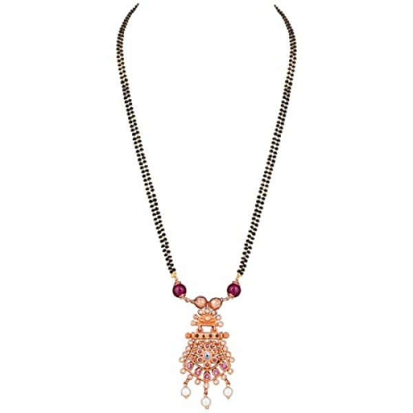 Aheli 우아한 인공 Kundan Chandbali 스타일 펜던트 인도 Mangalsutra 긴 검은 비즈 목걸이 여성을위한 전통 결혼식 의상 보석 구리 귀걸이