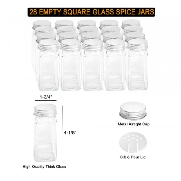 캐비닛, 조리대, 식료품 저장실, 찬장 또는 문 및 벽걸이용 양념병 20개, 양념 라벨 386개, 분필 마커 및 깔때기 세트가 포함된 SpaceAid 양념 랙 정리함 - 병 20개, W 9.8