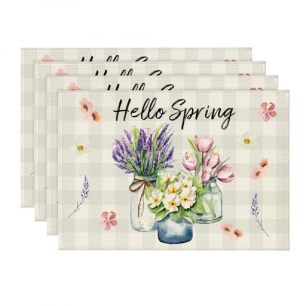 Artoid 모드 버팔로 격자 무늬 꽃 꽃병 안녕하세요 봄 식탁용 플레이스 매트, 12 x 18 인치 여름 계절 휴일 장식 소박한 빈티지 빨 테이블 매트 4개 세트