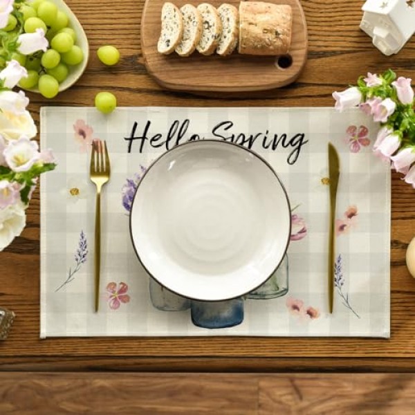 Artoid 모드 버팔로 격자 무늬 꽃 꽃병 안녕하세요 봄 식탁용 플레이스 매트, 12 x 18 인치 여름 계절 휴일 장식 소박한 빈티지 빨 테이블 매트 4개 세트