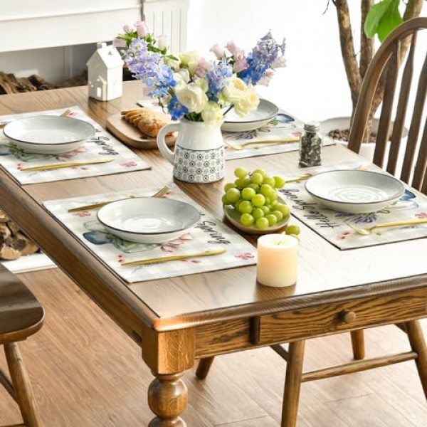 Artoid 모드 버팔로 격자 무늬 꽃 꽃병 안녕하세요 봄 식탁용 플레이스 매트, 12 x 18 인치 여름 계절 휴일 장식 소박한 빈티지 빨 테이블 매트 4개 세트