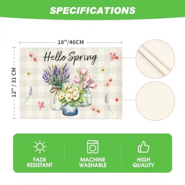 Artoid 모드 버팔로 격자 무늬 꽃 꽃병 안녕하세요 봄 식탁용 플레이스 매트, 12 x 18 인치 여름 계절 휴일 장식 소박한 빈티지 빨 테이블 매트 4개 세트