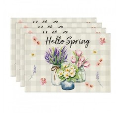 Artoid 모드 버팔로 격자 무늬 꽃 꽃병 안녕하세요 봄 식탁용 플레이스 매트, 12 x 18 인치 여름 계절 휴일 장식 소박한 빈티지 빨 테이블 매트 4개 세트