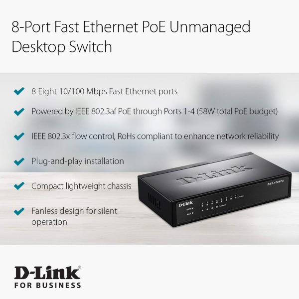 D-Link DES-1008PA 네트워크 스위치 비관리형 고속 이더넷(10/100) PoE(Power over Ethernet) 검은색