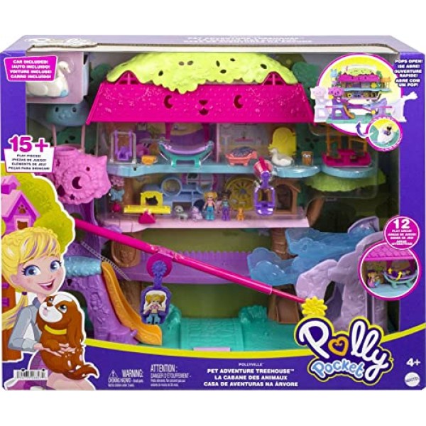 Polly Pocket Pollyville Pet Adventure Treehouse, 5층, 15+ Play Pieces: Polly & Shani Dolls, Vehicle, 4 Animals & More, Great Gift for Ages & Up [Mainline] Single