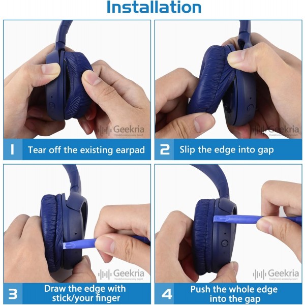 JBL JR300, JR300BT, T450BT, T500BT, Tune 500, Tune 500BT, Tune 510BT, Tune 600BTNC 헤드폰 이어패드용 Geekria QuickFit 교체용 단백질 가죽 이어패드(파란색)