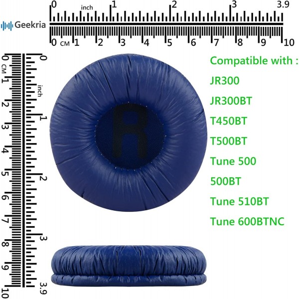 JBL JR300, JR300BT, T450BT, T500BT, Tune 500, Tune 500BT, Tune 510BT, Tune 600BTNC 헤드폰 이어패드용 Geekria QuickFit 교체용 단백질 가죽 이어패드(파란색)