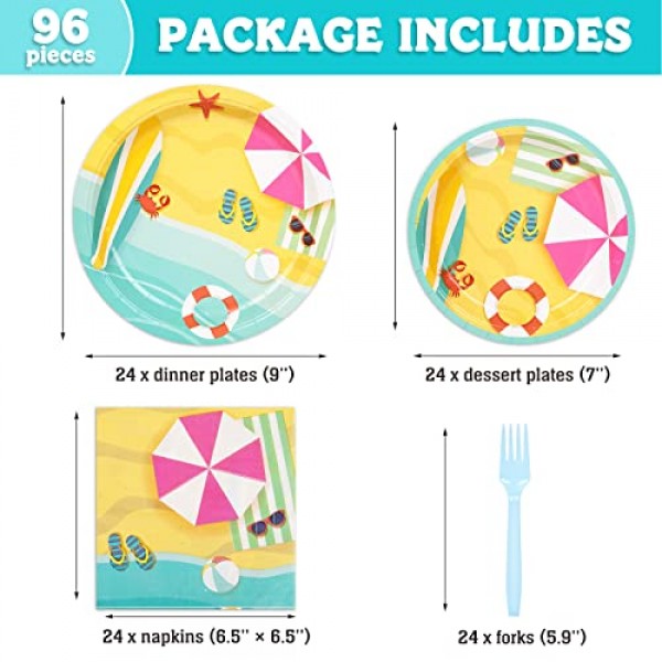 DECORLIFE 비치 파티 용품 24인분, 접시, 냅킨, 포크 포함 어린이 생일, 수영장, 여름 파티, 베이비 샤워, 총 96개