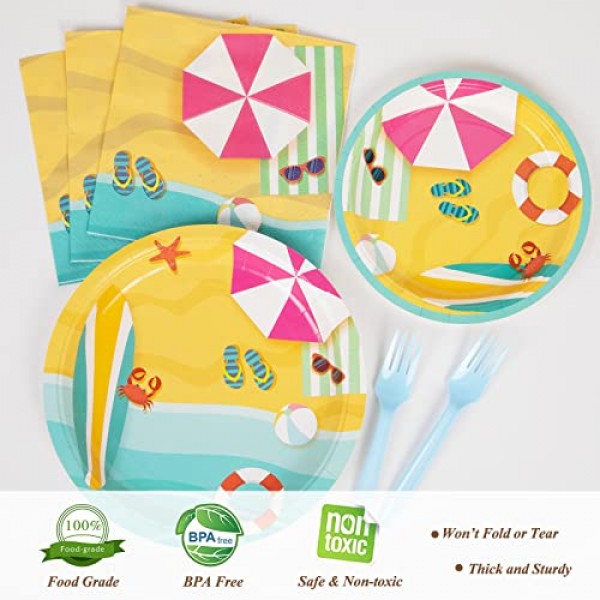 DECORLIFE 비치 파티 용품 24인분, 접시, 냅킨, 포크 포함 어린이 생일, 수영장, 여름 파티, 베이비 샤워, 총 96개