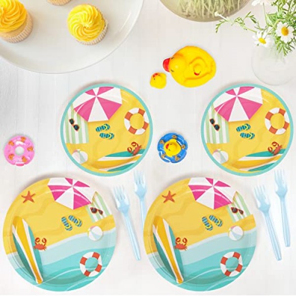 DECORLIFE 비치 파티 용품 24인분, 접시, 냅킨, 포크 포함 어린이 생일, 수영장, 여름 파티, 베이비 샤워, 총 96개