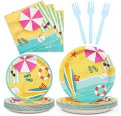 DECORLIFE 비치 파티 용품 24인분, 접시, 냅킨, 포크 포함 어린이 생일, 수영장, 여름 파티, 베이비 샤워, 총 96개