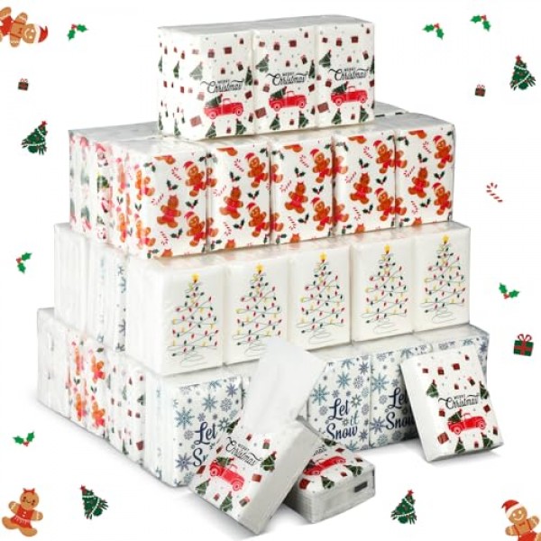 200 팩 크리스마스 포켓 티슈 여행 팩 파티 호의 대량 2000 시트 작은 얼굴 티슈 포켓 팩 3겹 미니 여행 크기 학교 야외 캠핑을 위한 개별 티슈 팩