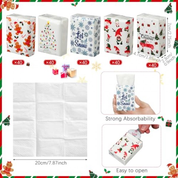 200 팩 크리스마스 포켓 티슈 여행 팩 파티 호의 대량 2000 시트 작은 얼굴 티슈 포켓 팩 3겹 미니 여행 크기 학교 야외 캠핑을 위한 개별 티슈 팩
