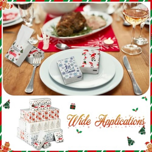 200 팩 크리스마스 포켓 티슈 여행 팩 파티 호의 대량 2000 시트 작은 얼굴 티슈 포켓 팩 3겹 미니 여행 크기 학교 야외 캠핑을 위한 개별 티슈 팩