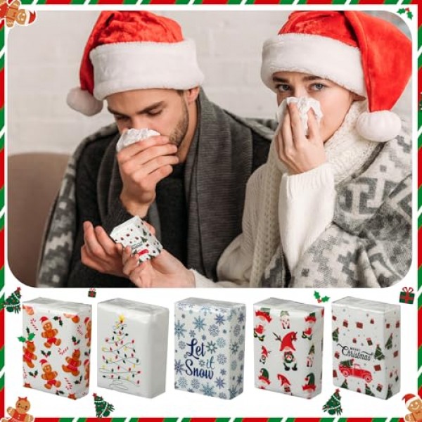 200 팩 크리스마스 포켓 티슈 여행 팩 파티 호의 대량 2000 시트 작은 얼굴 티슈 포켓 팩 3겹 미니 여행 크기 학교 야외 캠핑을 위한 개별 티슈 팩