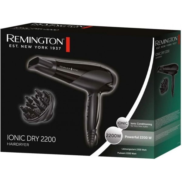 Remington 헤어 드라이어 이온(2200W, 이온 케어 세라믹 링: 부드러운 스타일링 및 균일한 열 분배, 3개의 가열 및 2개의 개별 송풍기 레벨 + 냉각 레벨, 2개의 부착물) D3198 [A