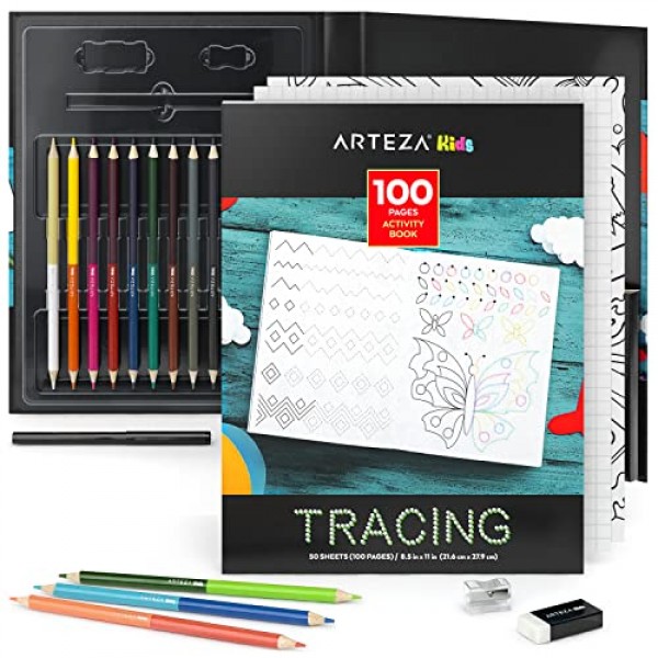 Arteza Kids Tracing Activity Book, 6세 이상을 위한 학용품, 양면 시트 50개, 양면 색연필 12개, 검정 마커, 지우개, 연필깎이