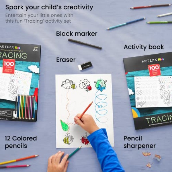 Arteza Kids Tracing Activity Book, 6세 이상을 위한 학용품, 양면 시트 50개, 양면 색연필 12개, 검정 마커, 지우개, 연필깎이