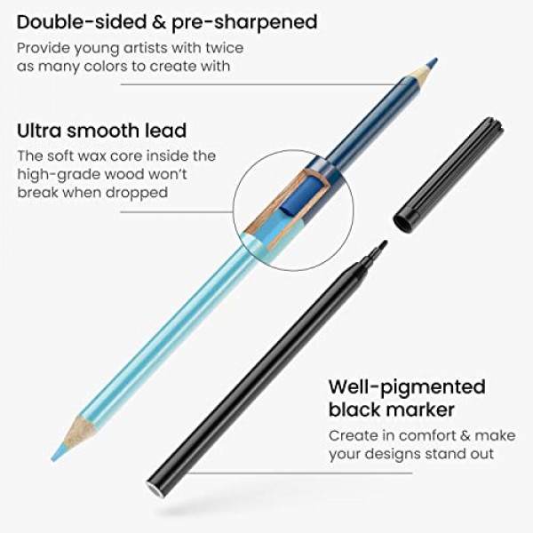 Arteza Kids Tracing Activity Book, 6세 이상을 위한 학용품, 양면 시트 50개, 양면 색연필 12개, 검정 마커, 지우개, 연필깎이