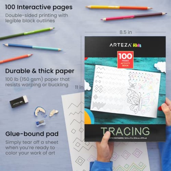 Arteza Kids Tracing Activity Book, 6세 이상을 위한 학용품, 양면 시트 50개, 양면 색연필 12개, 검정 마커, 지우개, 연필깎이