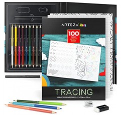 Arteza Kids Tracing Activity Book, 6세 이상을 위한 학용품, 양면 시트 50개, 양면 색연필 12개, 검정 마커, 지우개, 연필깎이