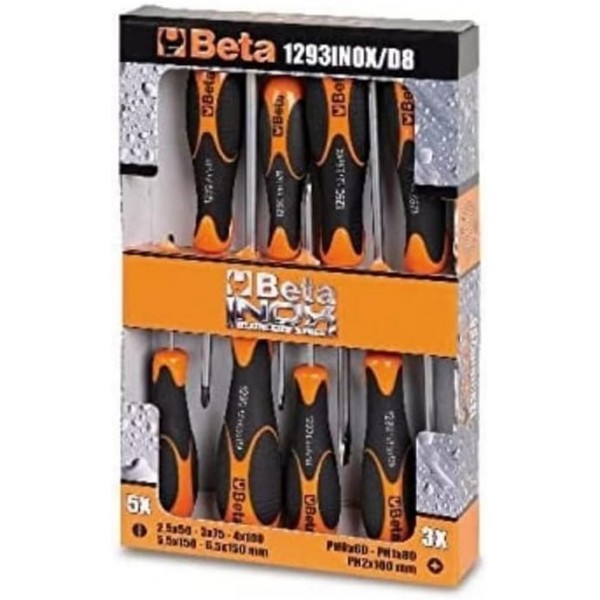Beta 1293INOX/D8 8피스 스테인리스강 드라이버 세트(고품질 스테인리스강으로 만든 Phillips 및 일자 드라이버, 편안한 플라스틱 손잡이가 있는 도구, 8가지 크기)