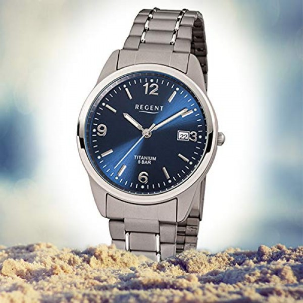 티타늄 링크 스트랩과 티타늄 케이스가 포함된 REGENT 남성용 시계 직경 36mm 석영 아라비아 숫자 날짜