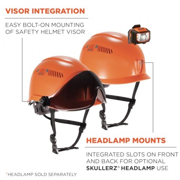 Ergodyne Skullerz 8975V 클래스 C 안전 헬멧(바이저 포함), 안개 방지 투명 렌즈 오렌지