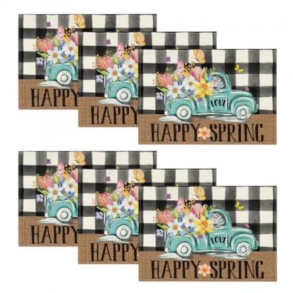 Artoid 모드 트럭 꽃 행복한 봄 Placemats 파티 주방 식사 장식을위한 6, 12x18 인치 계절 여름 테이블 매트 세트