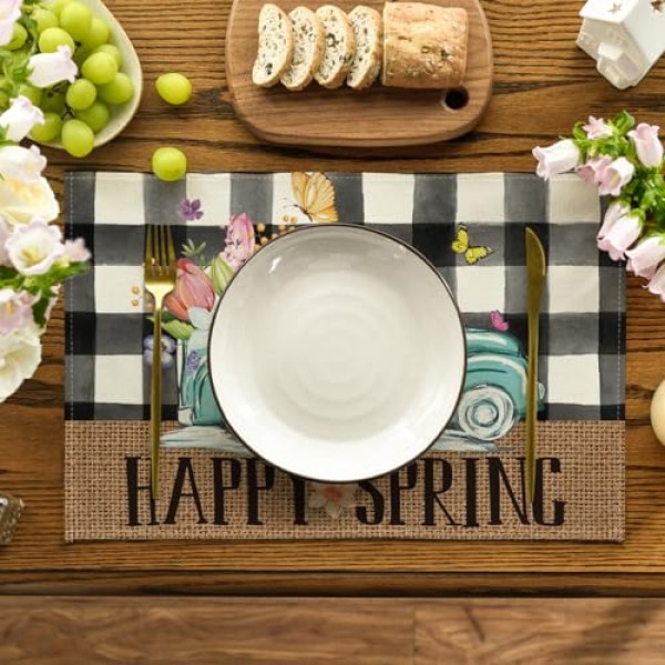 Artoid 모드 트럭 꽃 행복한 봄 Placemats 파티 주방 식사 장식을위한 6, 12x18 인치 계절 여름 테이블 매트 세트