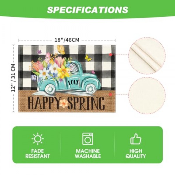 Artoid 모드 트럭 꽃 행복한 봄 Placemats 파티 주방 식사 장식을위한 6, 12x18 인치 계절 여름 테이블 매트 세트