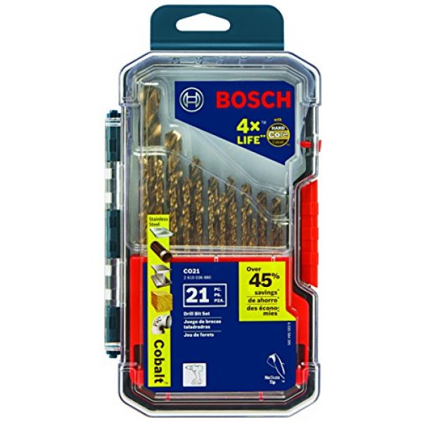 BOSCH CO21 21피스 모듬 세트(케이스 포함) 스테인리스강, 주철, 티타늄, 경량 금속, 알루미늄 드릴링 작업용 3플랫 생크가 있는 코발트 금속 드릴 비트 포함
