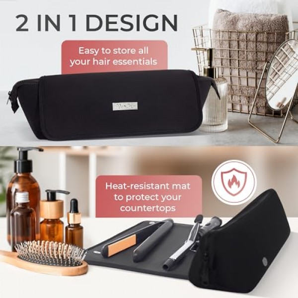 AvaJex 대형 헤어 도구 플랫 아이언, 컬링 아이언, 스트레이트너용 내열 매트가 있는 여행 가방 - 헤어케어 액세서리용 내부 포켓이 있는 헤어 도구 가방