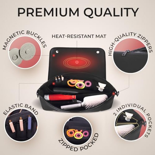 AvaJex 대형 헤어 도구 플랫 아이언, 컬링 아이언, 스트레이트너용 내열 매트가 있는 여행 가방 - 헤어케어 액세서리용 내부 포켓이 있는 헤어 도구 가방