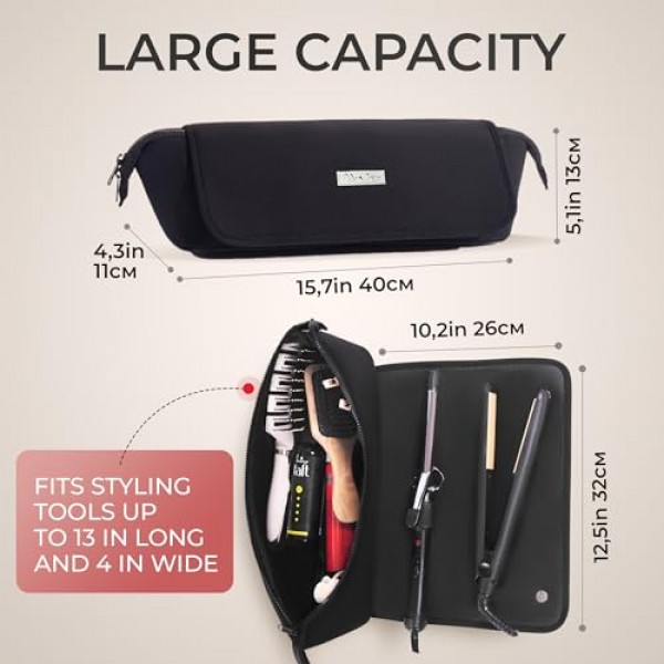 AvaJex 대형 헤어 도구 플랫 아이언, 컬링 아이언, 스트레이트너용 내열 매트가 있는 여행 가방 - 헤어케어 액세서리용 내부 포켓이 있는 헤어 도구 가방