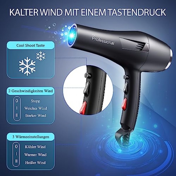 HappyGoo 이온 헤어 드라이어 전문가용 헤어 드라이어 2400W 헤어 드라이어 2022(디퓨저 1개, 스타일링 노즐 2개, 가열 3개 및 속도 레벨 2개, 2.5미터 길이의 전원 케이블, 가