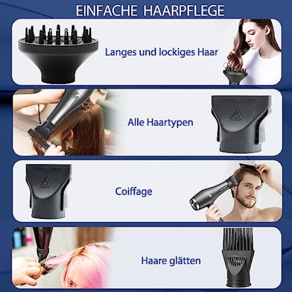 HappyGoo 이온 헤어 드라이어 전문가용 헤어 드라이어 2400W 헤어 드라이어 2022(디퓨저 1개, 스타일링 노즐 2개, 가열 3개 및 속도 레벨 2개, 2.5미터 길이의 전원 케이블, 가