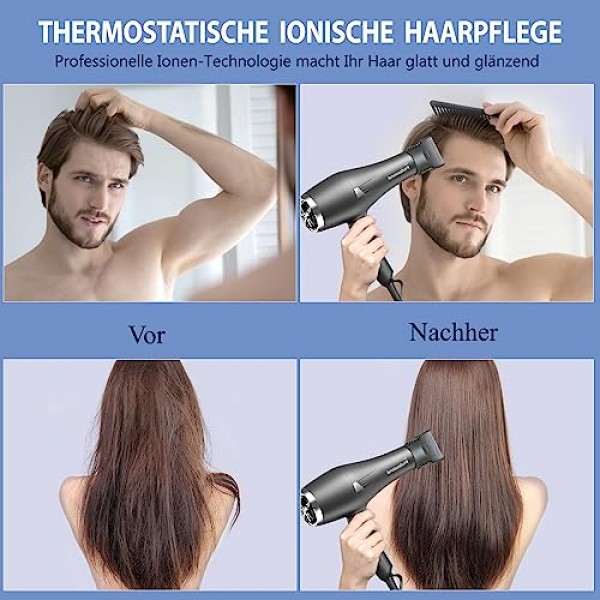 HappyGoo 이온 헤어 드라이어 전문가용 헤어 드라이어 2400W 헤어 드라이어 2022(디퓨저 1개, 스타일링 노즐 2개, 가열 3개 및 속도 레벨 2개, 2.5미터 길이의 전원 케이블, 가