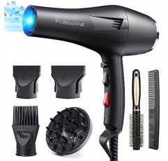 HappyGoo 이온 헤어 드라이어 전문가용 헤어 드라이어 2400W 헤어 드라이어 2022(디퓨저 1개, 스타일링 노즐 2개, 가열 3개 및 속도 레벨 2개, 2.5미터 길이의 전원 케이블, 가