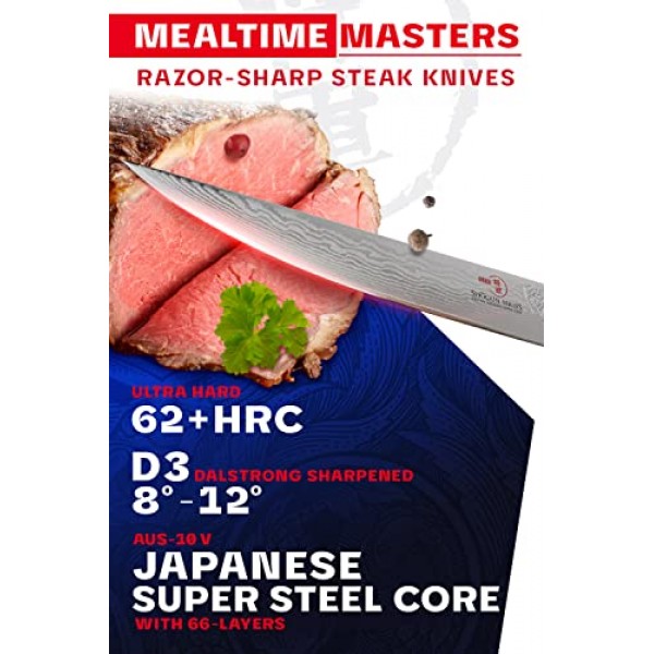 DALSTRONG 스테이크 나이프 세트 - 5인치 - Shogun 시리즈 ELITE - 다마스커스 - 일본식 AUS-10V 슈퍼 스틸 - 4피스 - 면도칼 날카로운 필렛 나이프 - 테이블 세트 - 면도칼 날카로