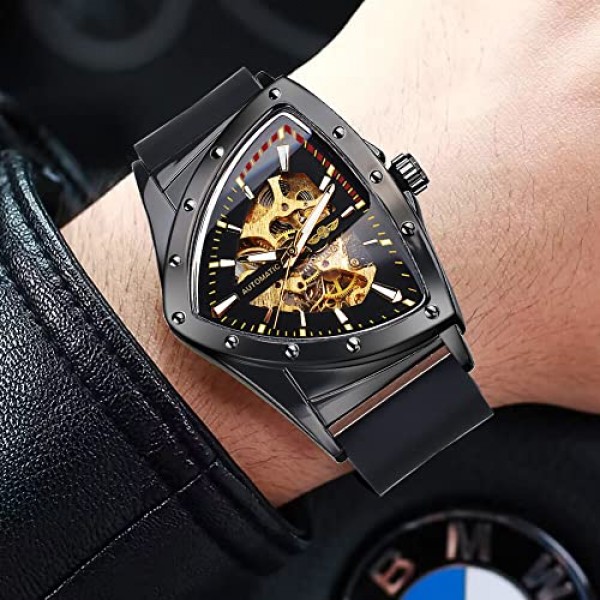 남성용 FORSINING 스켈레톤 시계, 삼각형 다이얼이 있는 자동 기계식 시계, 야광 자동 와인딩 시계 스테인레스 스틸 팔찌 또는 부드러운 실리콘 스트랩