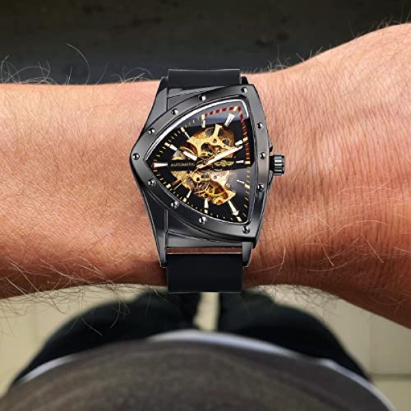 남성용 FORSINING 스켈레톤 시계, 삼각형 다이얼이 있는 자동 기계식 시계, 야광 자동 와인딩 시계 스테인레스 스틸 팔찌 또는 부드러운 실리콘 스트랩