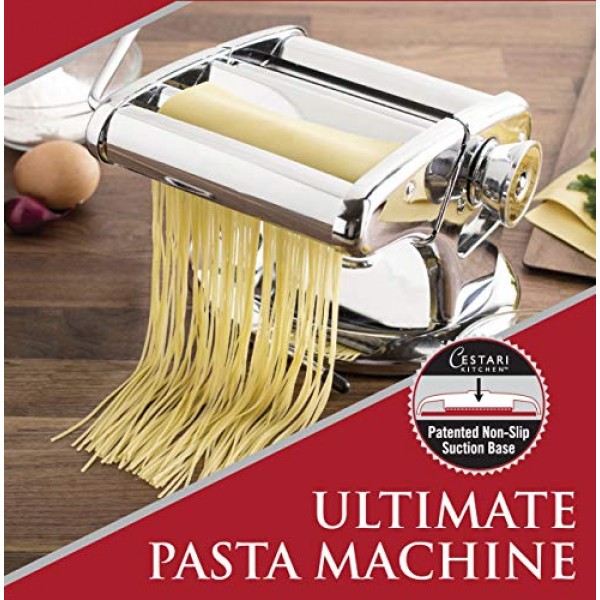 최고의 파스타 기계 - 스테인레스 스틸 파스타 롤러 기계의 미끄럼 방지 사용을 위한 특허받은 고유한 흡입 베이스 - 150mm - 파스타 커터, 핸드 크랭크 및 레시피 포함